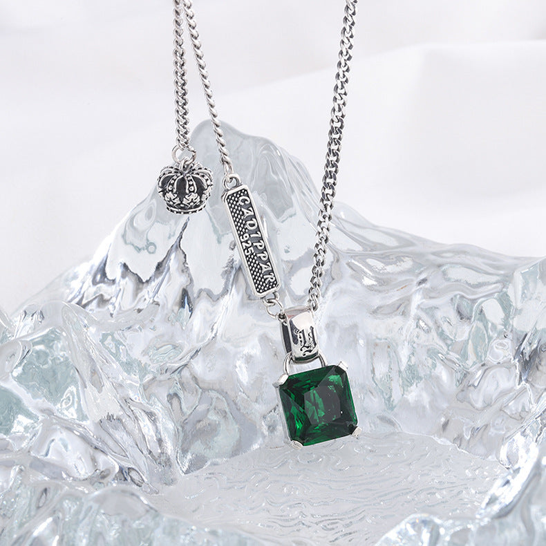 S925 Silver Emerald Necklace Women Retro Fashion Charm Crown Collar Chain Hip Hop Personality Sweater Chain - 4 - CJ