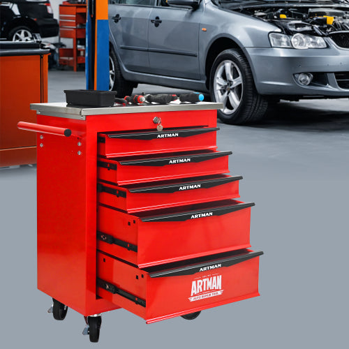 5 Drawers Multifunctional Tool Cart With Wheels,Metal Rolling Tool Cart Storage For Garage Workshop Warehouse Repair Shop - With Stainless Steel Roof - Red Black - 5 - CJ