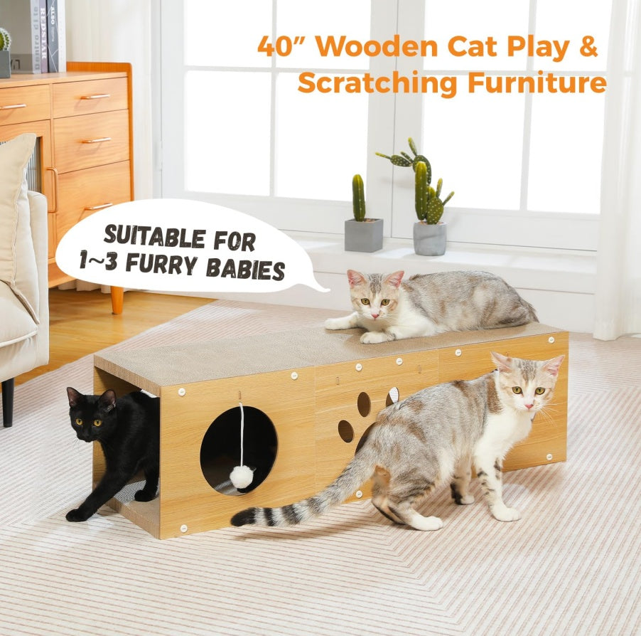 MUlti - Hole Fun Cat Tunnel With Scratching Board And Game Pom Pom Cat Tunnel House, Interactive Cat Scratching House, Self - improvement Drilling Hole Teaser, Must - have For Multi - Cat Families - 5 - CJ