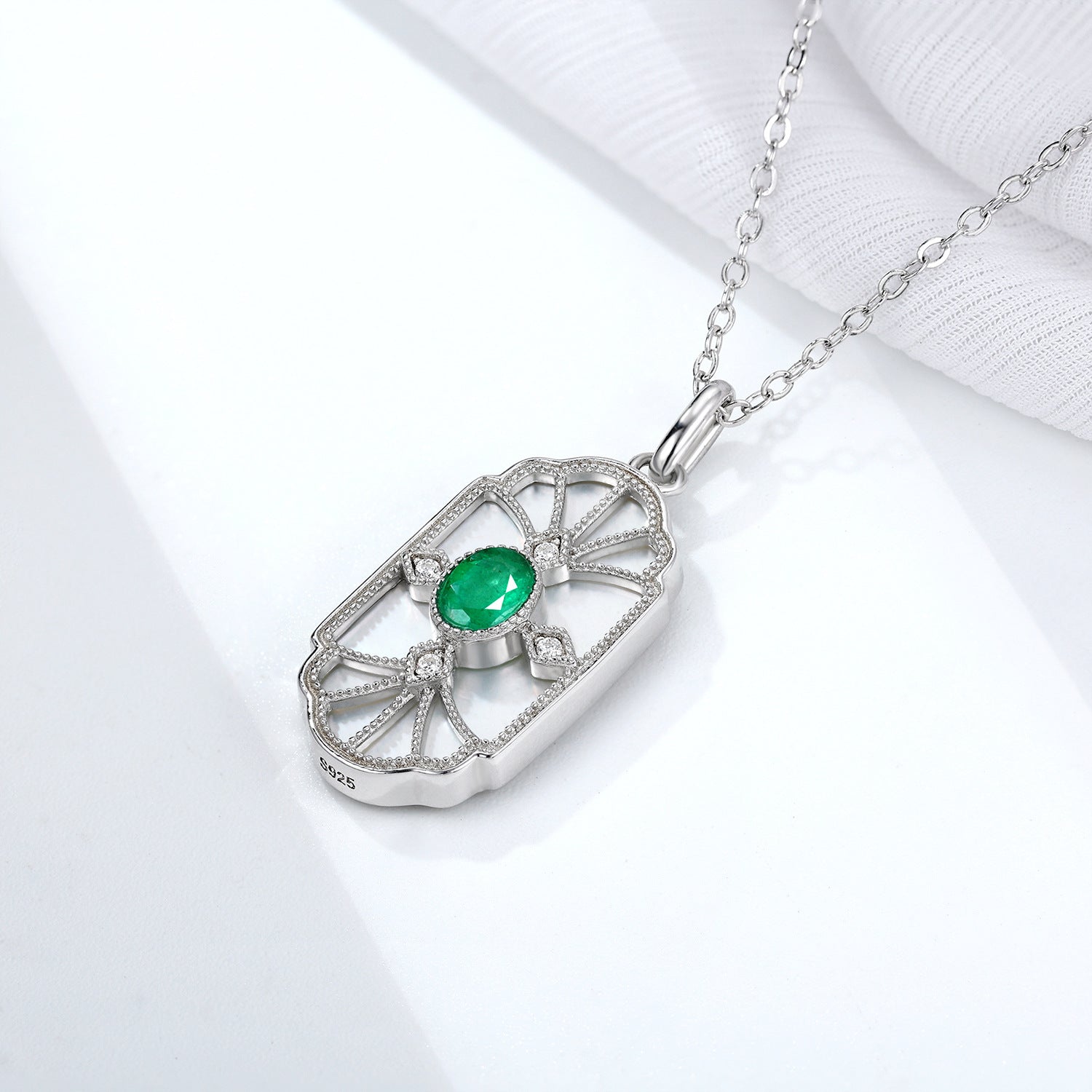 Natural Emerald Necklace Female Original Retro Design Jewelry S925 Silver Inlaid Mother Shell Pendant Square Shaped Pendant - 4 - CJ