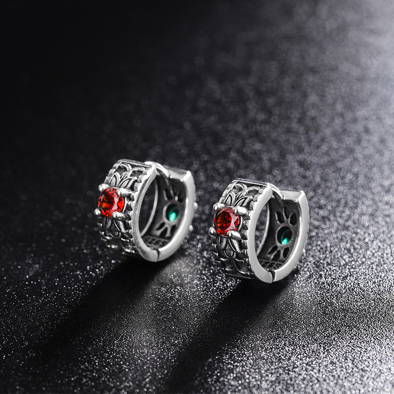 925 Sterling Silver Floral Pattern Red Green Zircon Front And Back Wear Vintage Earrings - 4 - CJ