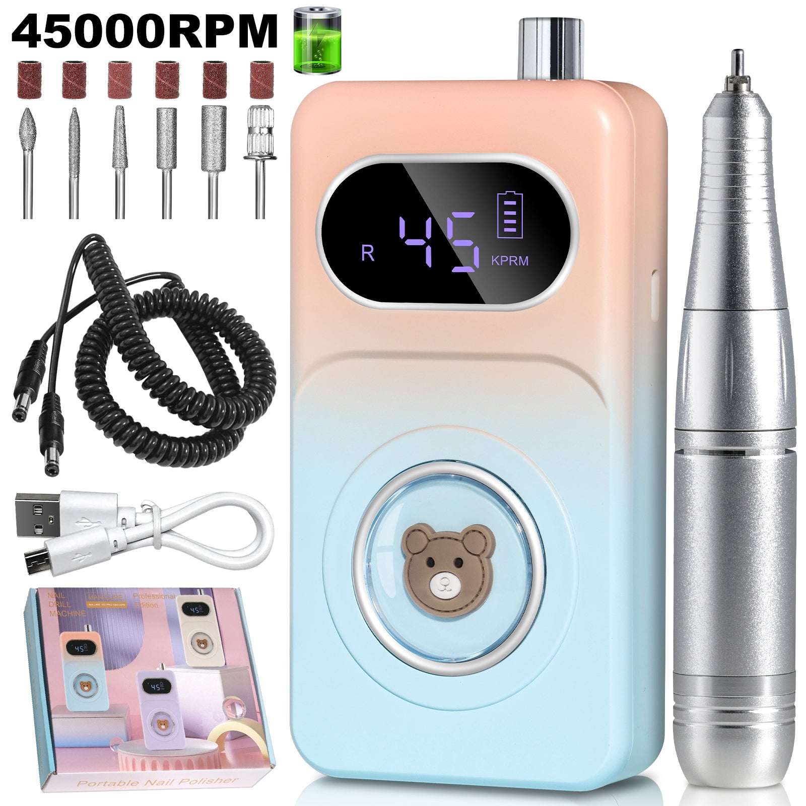 Professional 45000RPM Portable Electric Nail Drill Kit, Rechargeable Nail Electronic File Machine, Electric Nail Polishing Machine With Drill Head And Base, Nail Drill For Acrylic Nails, Nail Gel, Fem - 5 - CJ