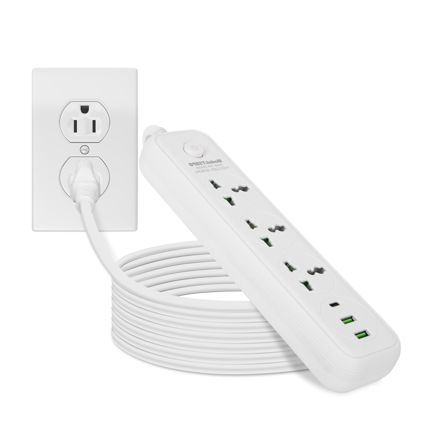 1Pc Power Strip With 6FT Extension Cord 3 AC Outlets And 2 USB A Ports 1 USB C Port 2500W Wall Mount Outlet Extender For Home Office Dorm Travel - 5 - CJ