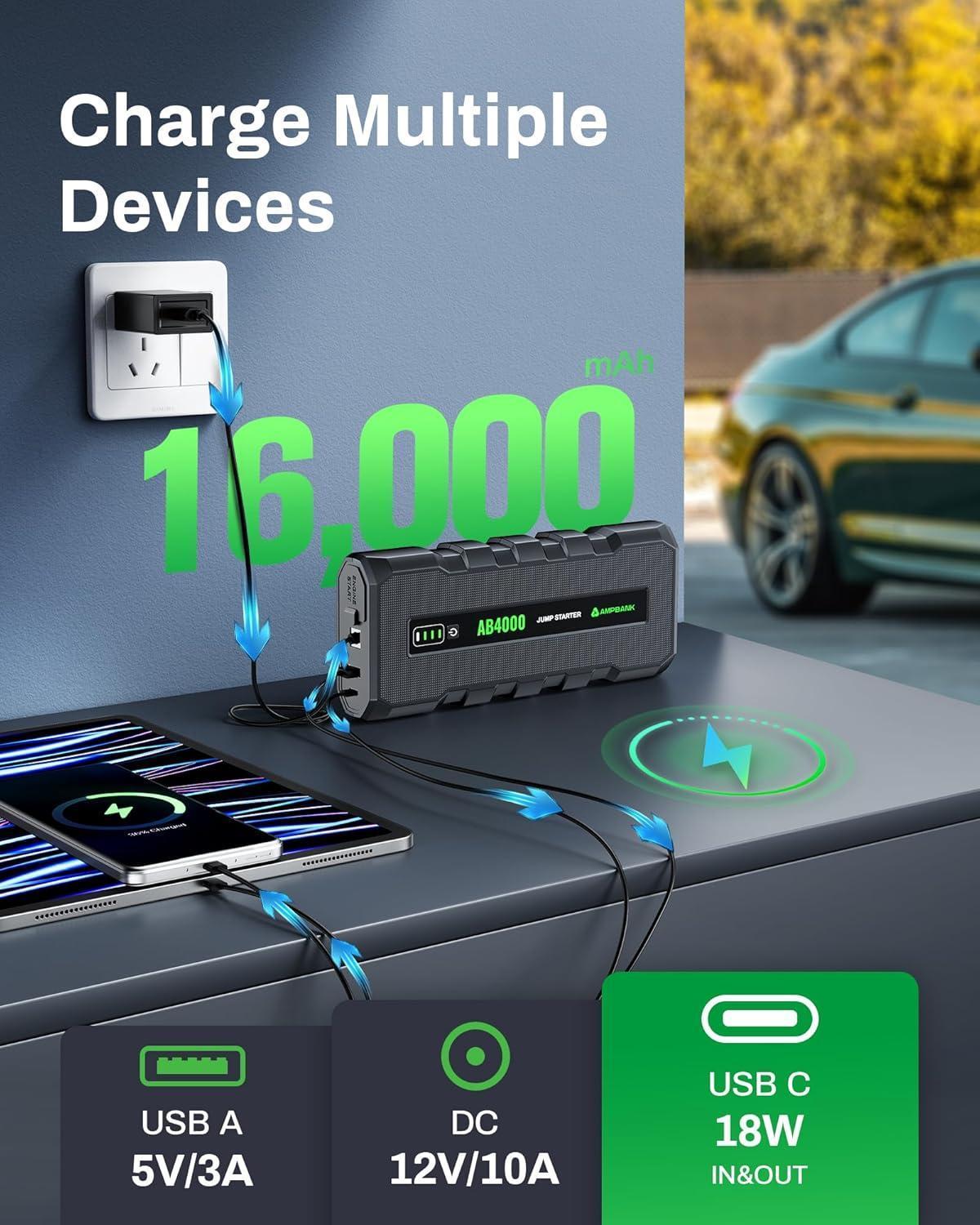 4000A Emergency Starting Power Supply 12V Portable Car Battery Jump Starter With 18W Fast Charge For 10L Gasoline And 8L Diesel Engines With LED Light Jump Starter Cable And EVA Storage Box - 5 - cjdropshipping