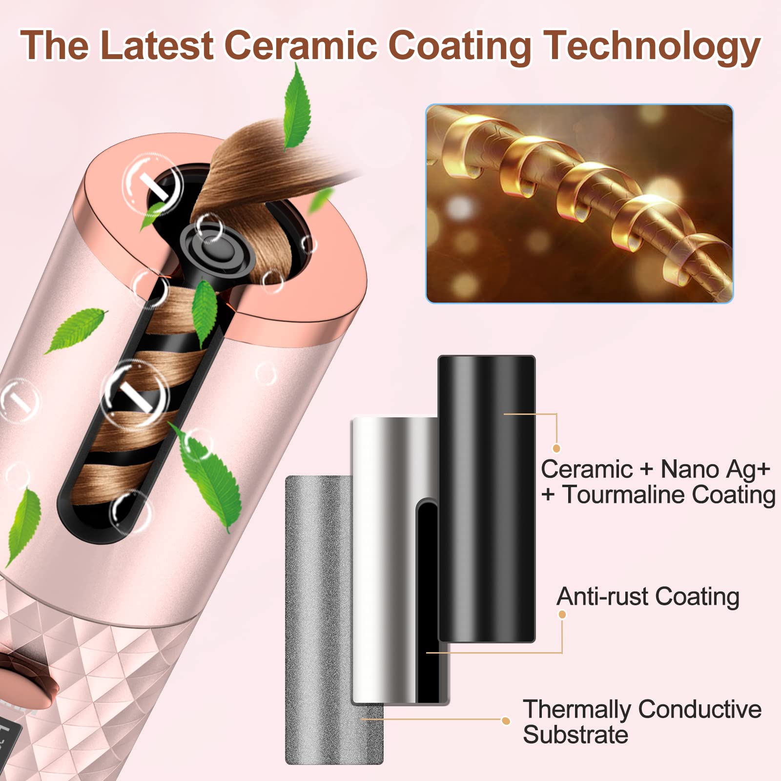 Portable Automatic Hair Curler, Ceramic Rotating Wireless Auto Curling Iron Wand, Portable USB Rechargeable Spin Curler For Hair Styling - 5 - CJ