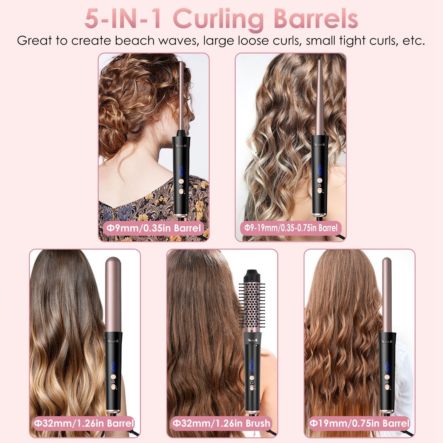 2 Type Options - 1Pc 5 In 1 Curling Wand Hair Curling Iron Brush Anti - Tangle Hair Thermal Brush Curler With 4 Heating Levels 360 Degree Rotatable Cable 5 Interchangeable Barrels 2 Clips 1H Auto Off - 5 - cjdropshipping