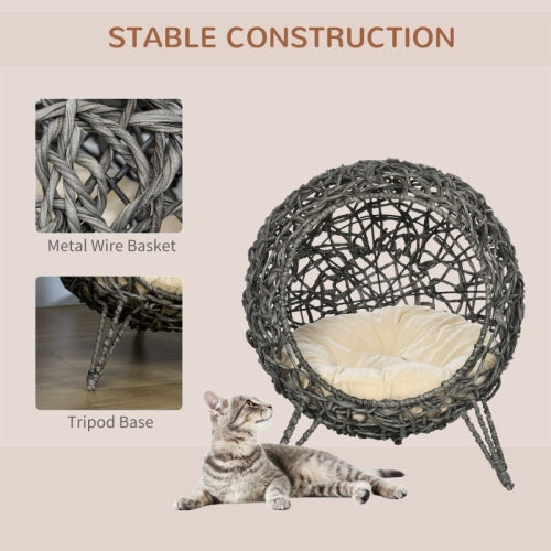 PawHut Rattan Elevated Cat Bed House Kitten Basket Ball Shaped Pet Furniture W Removable Cushion - Silver - Tone And Grey - 5 - cjdroshippping