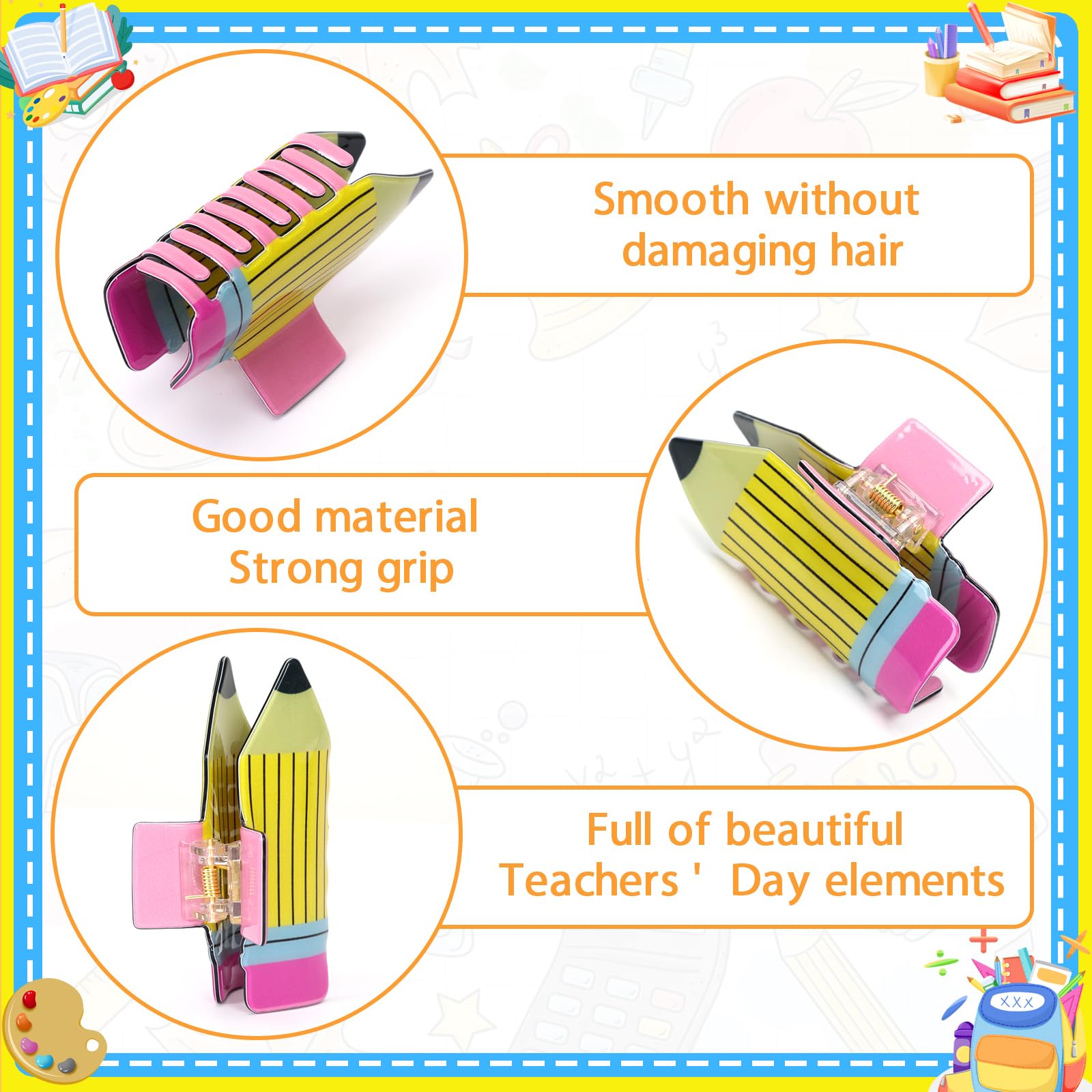 4Pcs Pencil Hair Clips Back To School Hair Accessories For Women Sunflower Leopard Stripe Hair Claw Clips Non Slip Hairpin For Thick Thin Hair School Opens Season Teachers Outfit Decor - Clearance - 5 - CJ