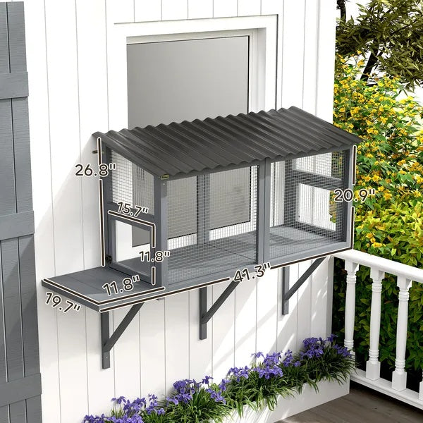 Wooden Cat Catio, Outdoor Cat Enclosure Window Perch With Jumping Platform - 5 - CJ