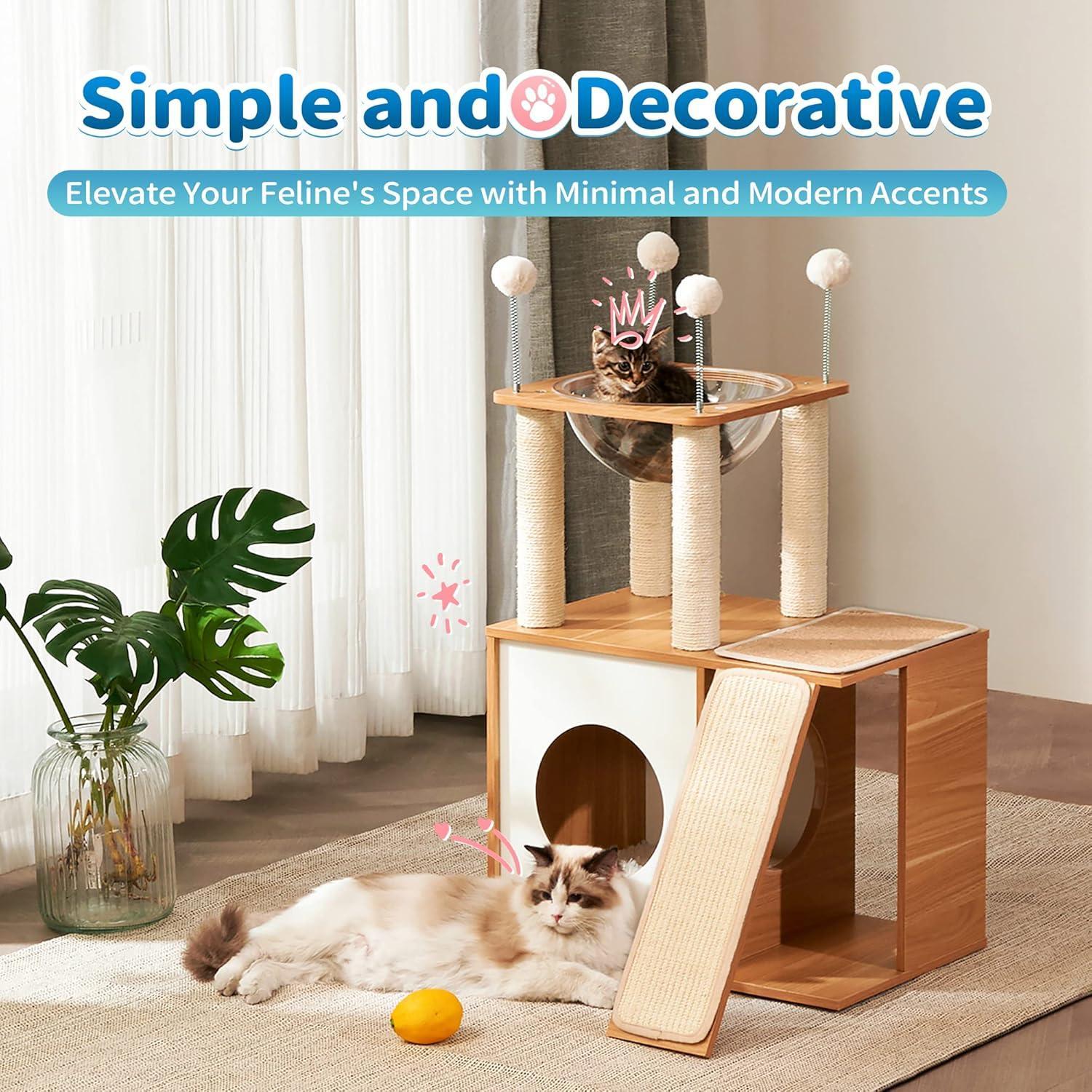 Indoor Wooden Cat Climbing Frame Cat Tower Cat House With Cat Scratching Board Ramp Suitable For Large Cats And Kittens - 5 - CJ