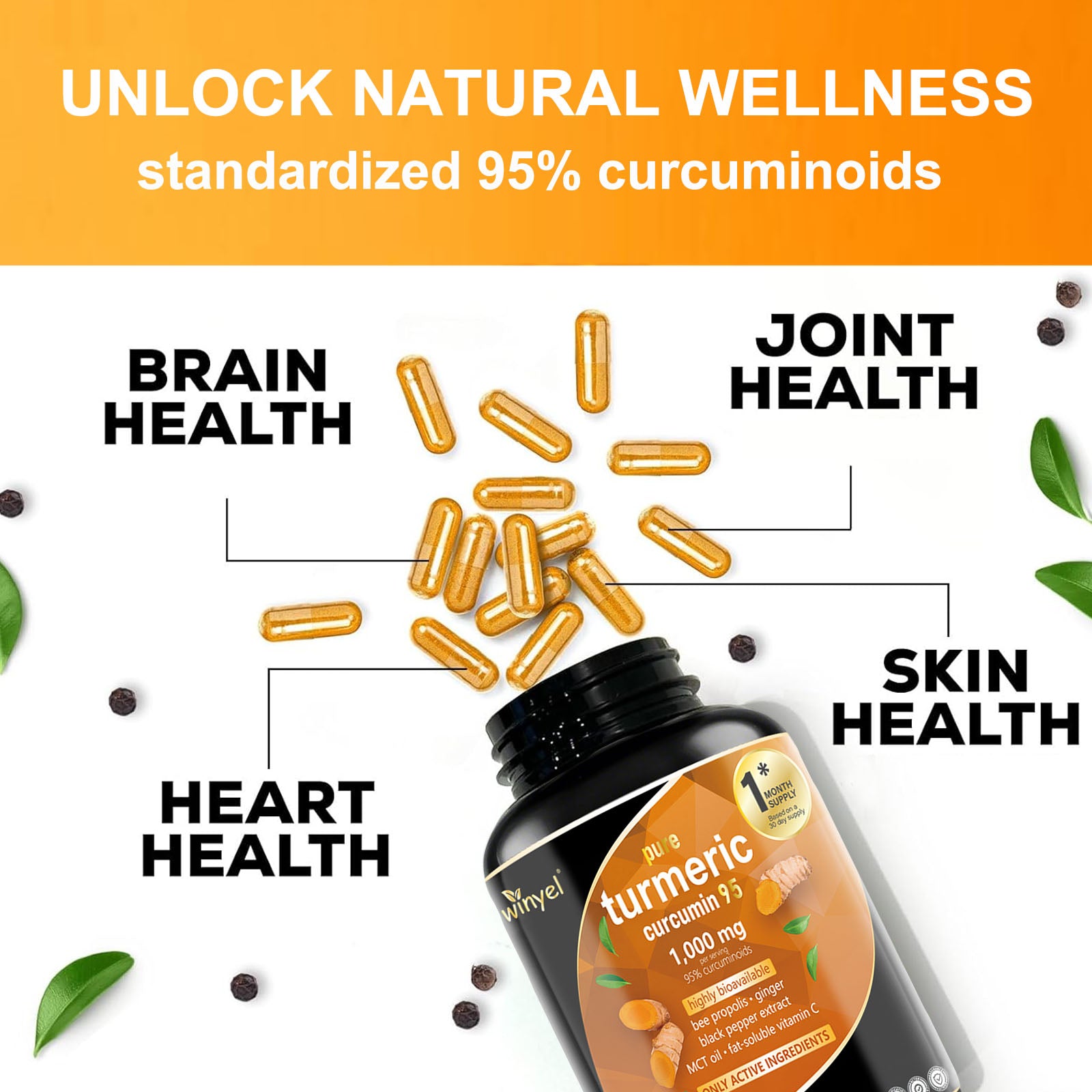 Premium Turmeric Curcumin Supplements 1000mg - Great Absorption Rate - Supports Heart, Brain And Joint Health - 60 Capsules - 5 - CJ