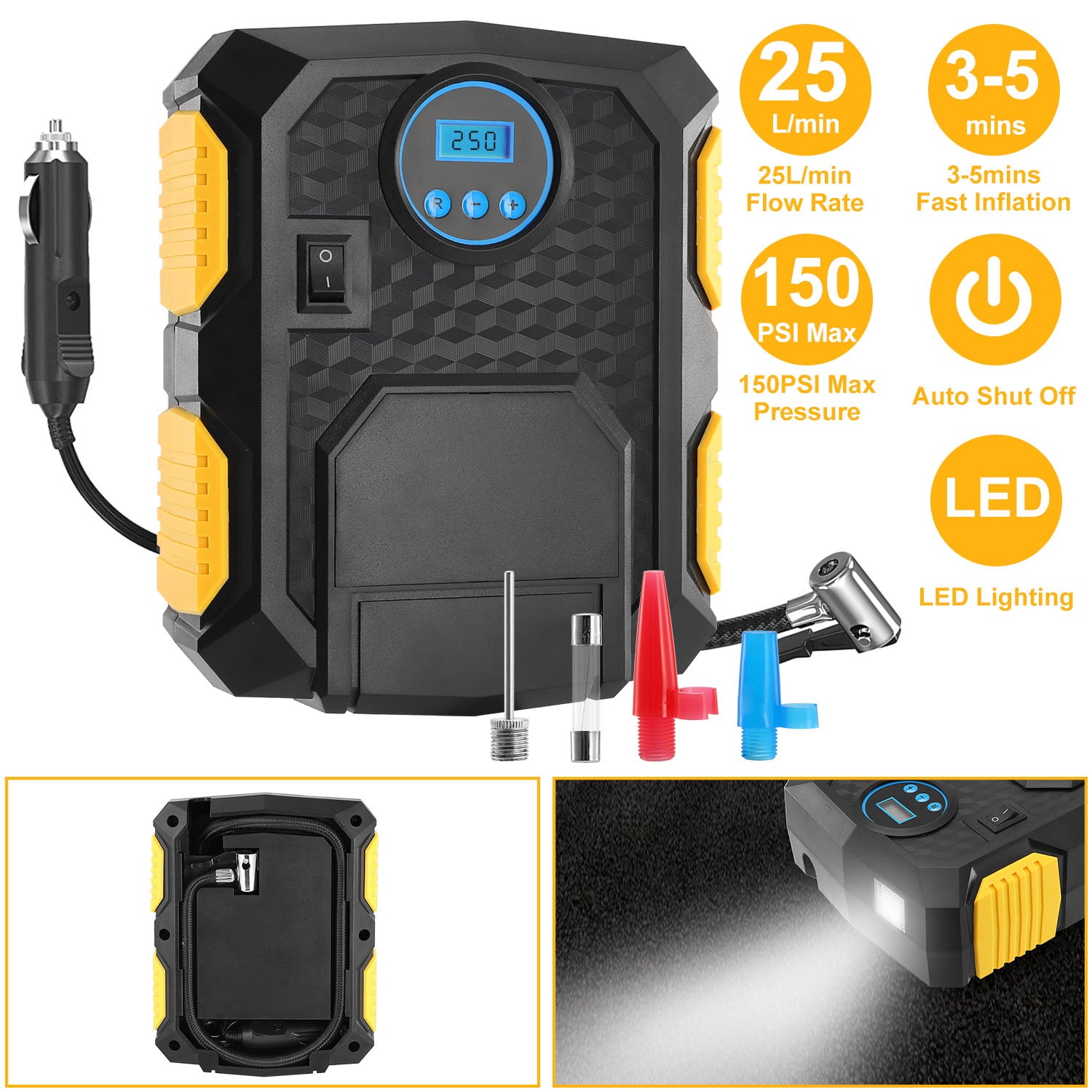 Tire Inflator 12V DC 120W 150PSI With LCD Electric Air Compressor 25L Per Min Large Air Flow - 5 - CJ