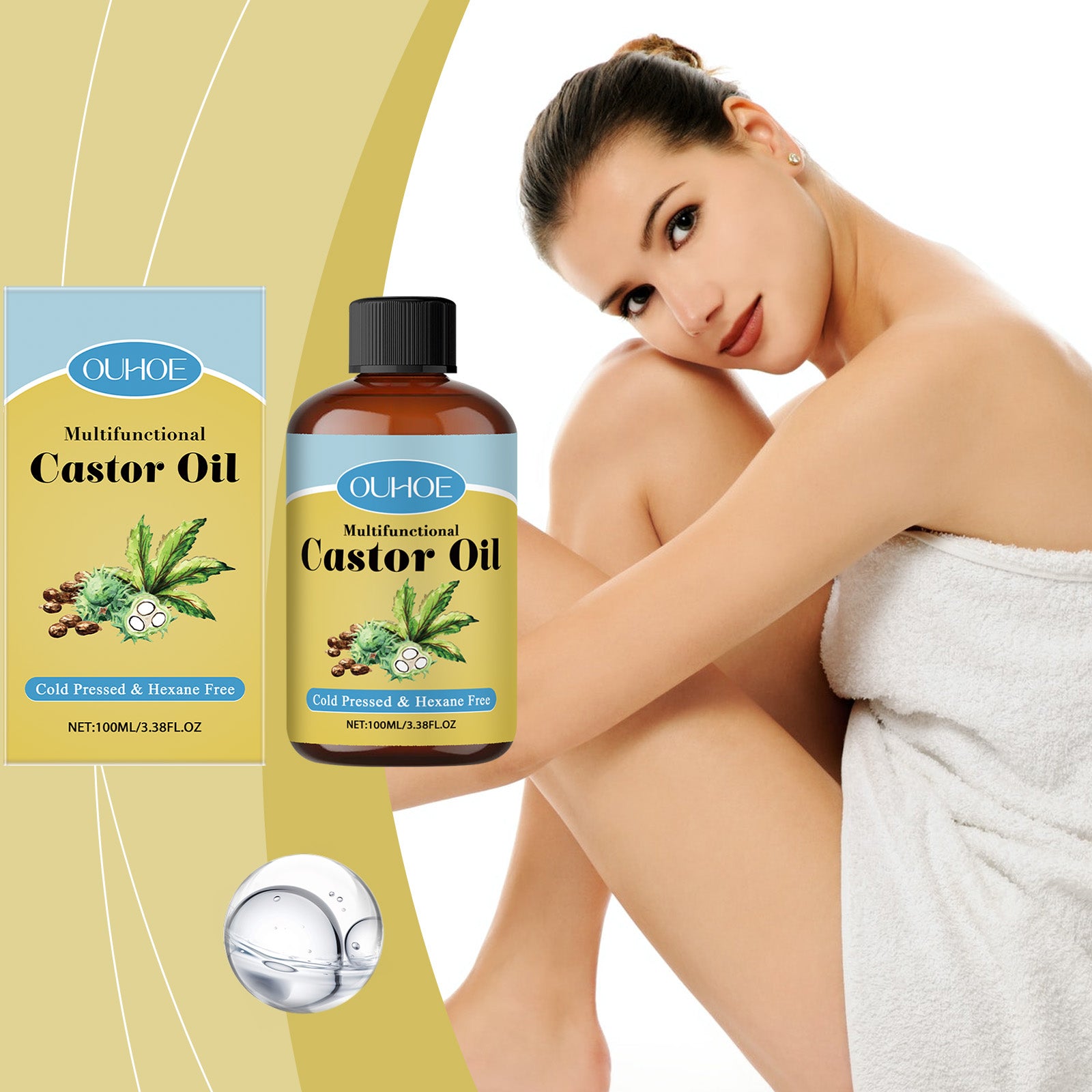 OUHOE Organic Castor Oil, Moisturizes And Hydrates Hair, Eyebrows, Skin, Body Multi - Effect Care Gentle Massage - 5 - CJ
