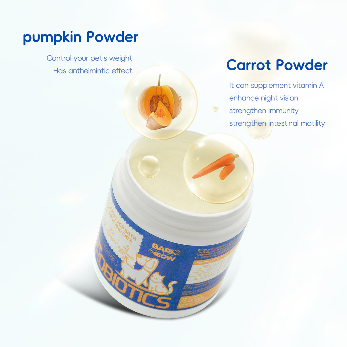 Bark And Meow Probiotics For Dogs & Cats 7 Tailored Strains Prebiotics, Pumpkin & Carrot 5 Billion CFU Scoop Human - Grade, Non - GMO, Vet - Approved, Made In USA, Gut & Immune Support - 5 - CJ
