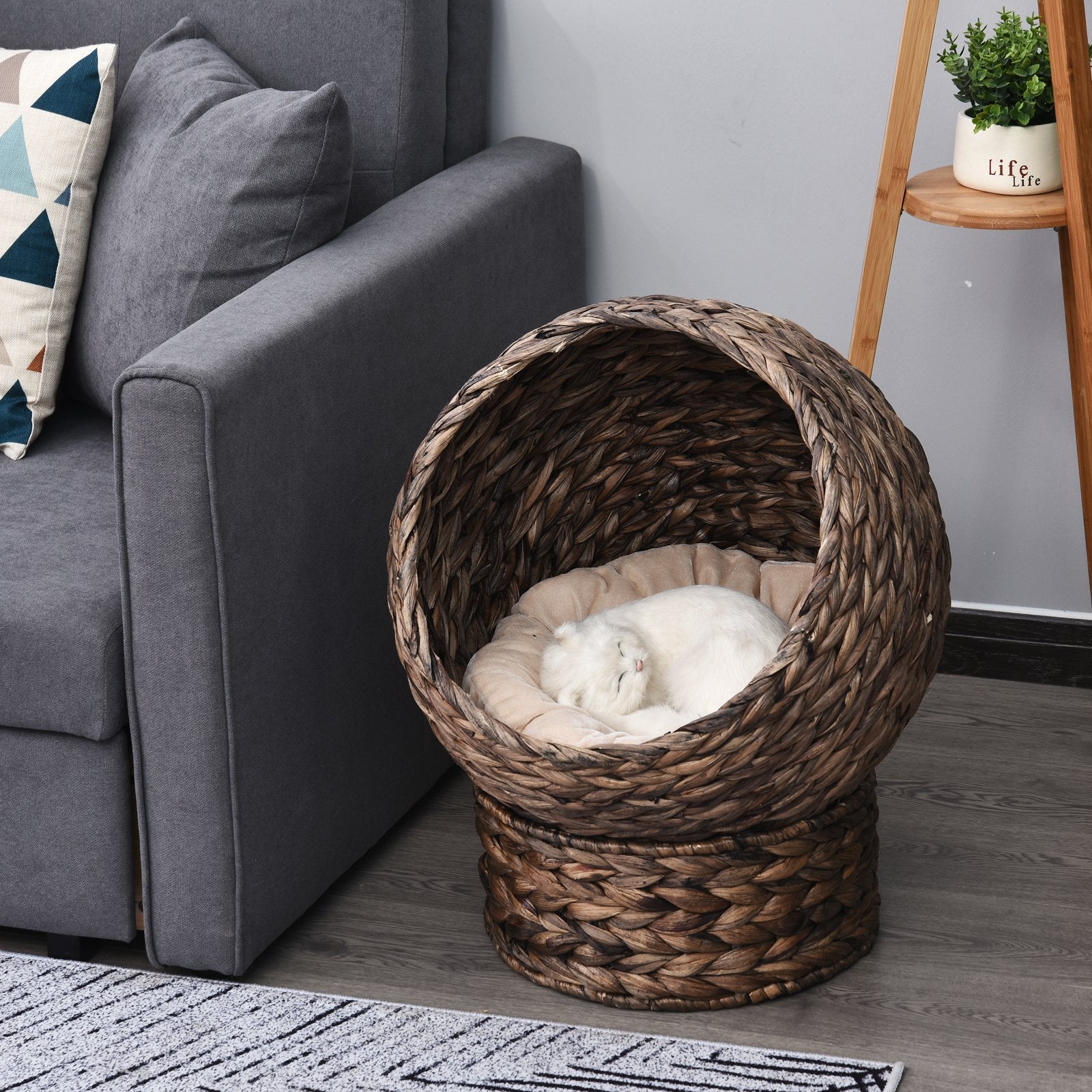Handmade Wicker Elevated Cat Bed With Cushion Dark Brown For Kittens - 5 - cjdroshippping