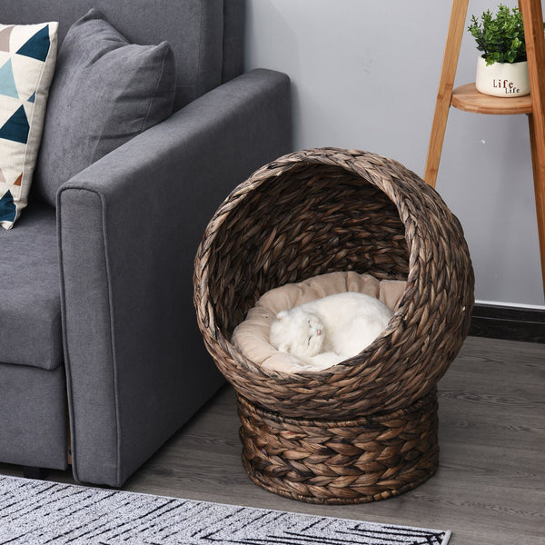 Handmade Wicker Elevated Cat Bed With Cushion Dark Brown For Kittens - 5 - cjdroshippping