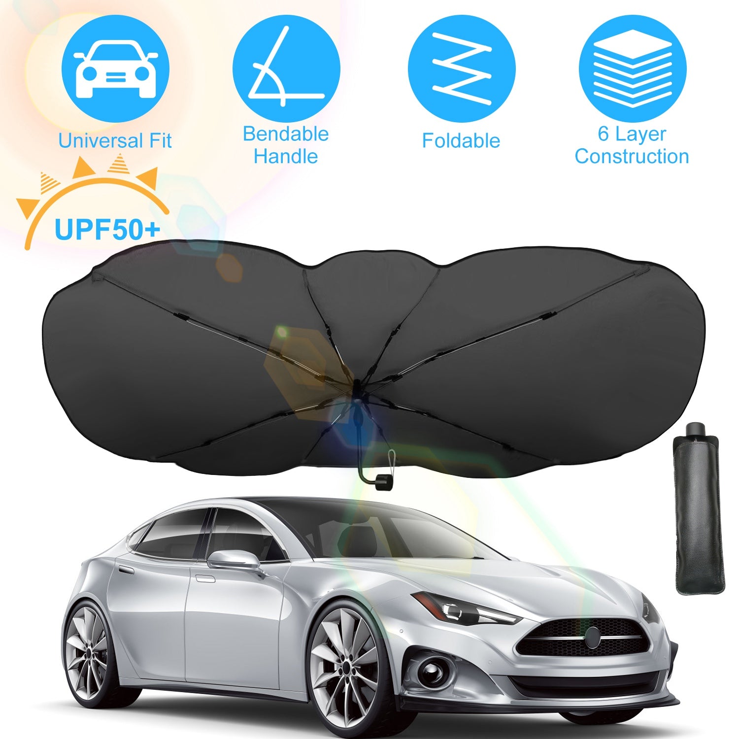 1Pc 57x33In Foldable Car Sun Umbrella Universal Sun Blocker Shield Shade Silver Titanium Sun Protector With Carry Bag For Car Truck SUV - 5 - CJ