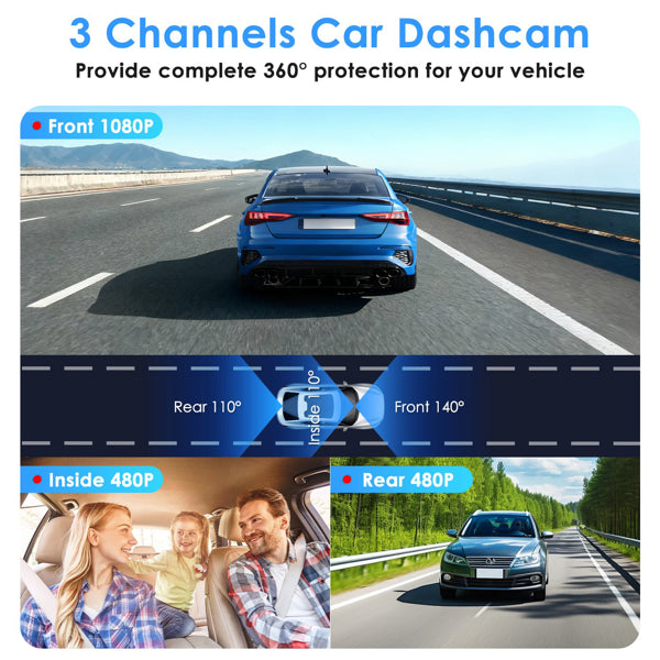 3 Channel Dash Cam For Cars, 1080P Full HD Front Camera (140° Wide View) With 480P Interior & Rear Cameras, 360° Vehicle Protection, Picture - in - Picture Display For Collision Evidence - 5 - CJ