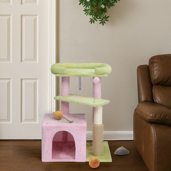 27.5in Cat Tree, Multi - level Cat Tower With Cat Scratching Post And Pad, Cozy Cat Condo, Padded Top Bed For Kittens And Indoor Cats, Pink & Green - 5 - CJ