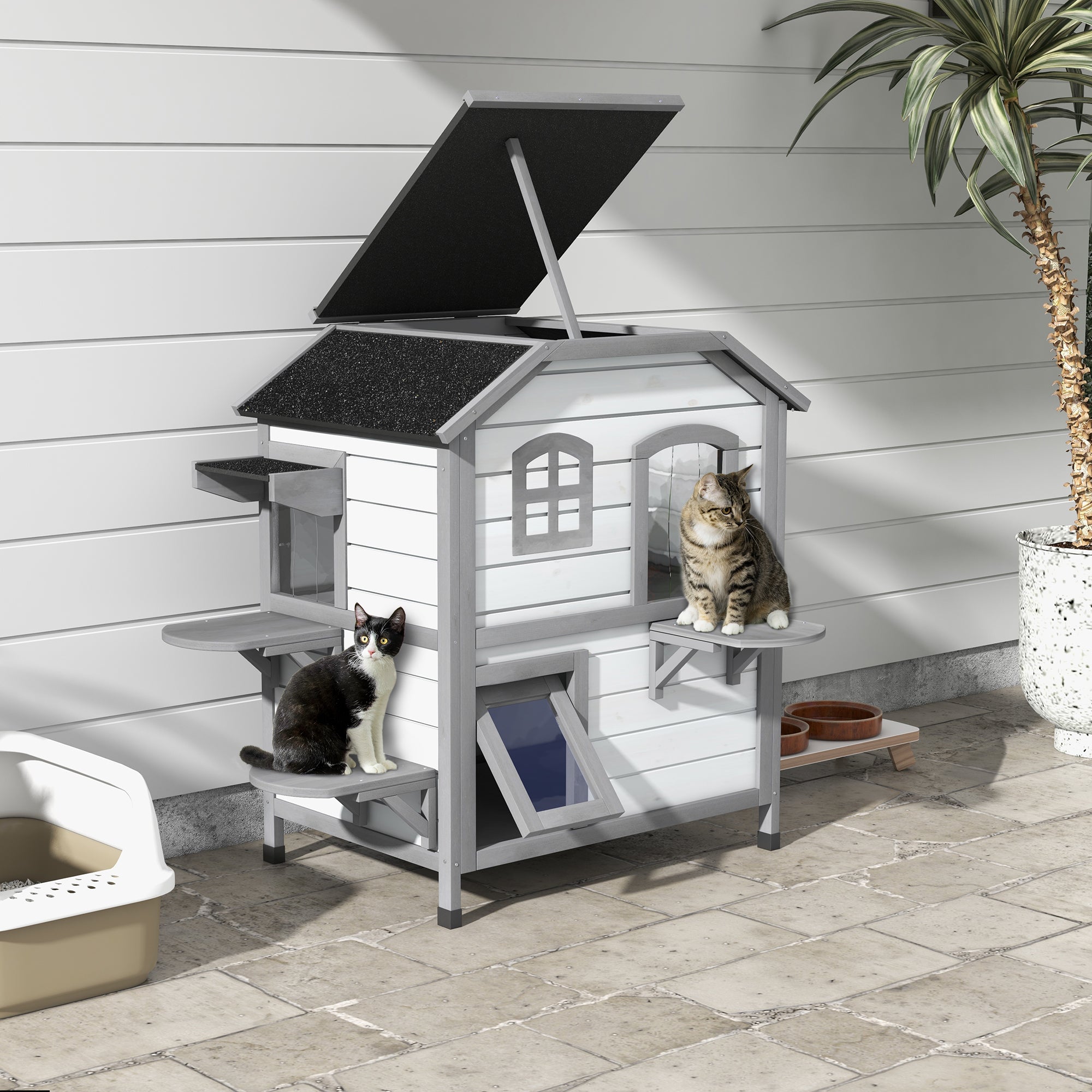 2 - story Cat House Outdoor, Weatherproof Wooden Cat Enclosure for Feral Cats with Escape Door, Openable Roof, Jumping Platforms, White - 5 - CJ