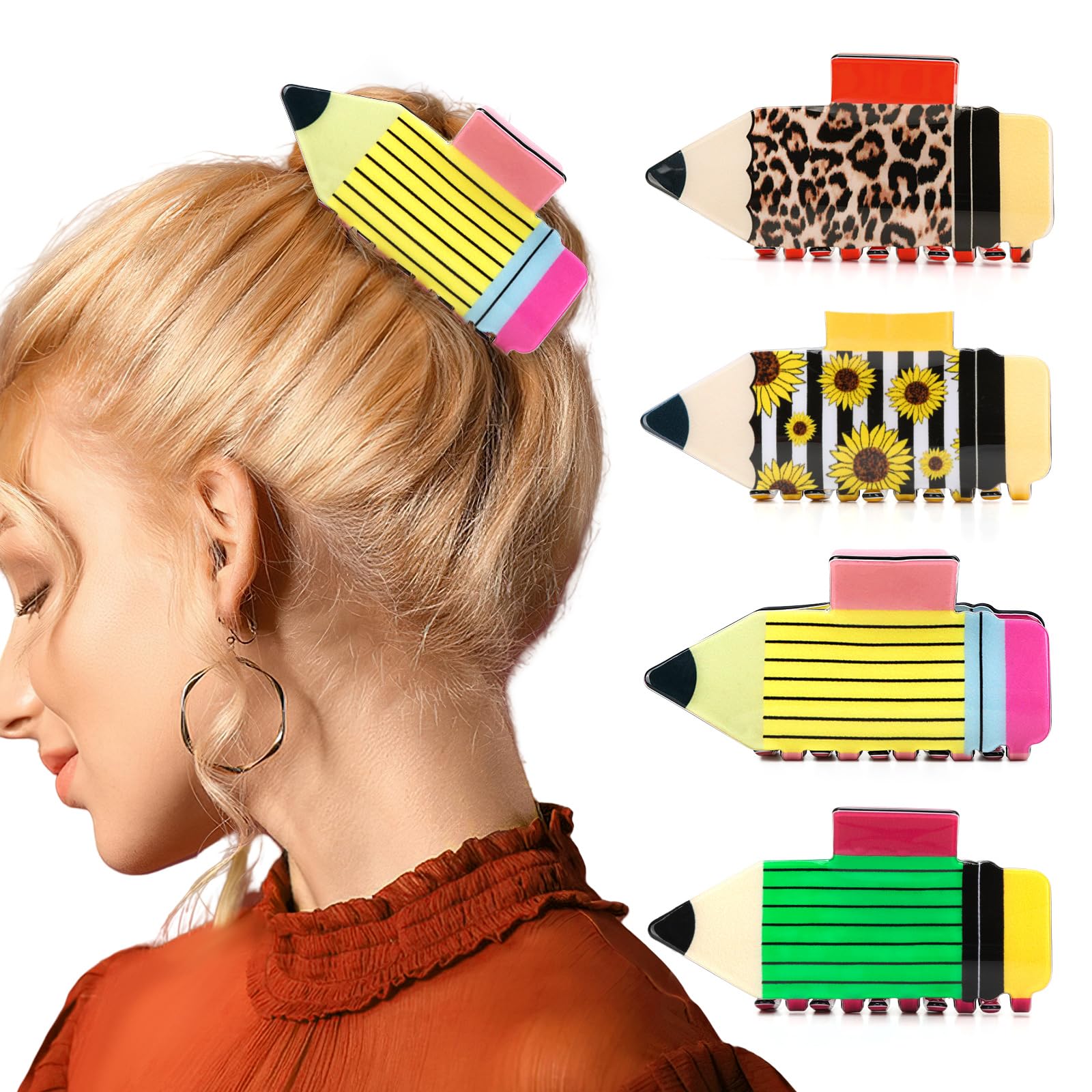 4Pcs Pencil Hair Clips Back To School Hair Accessories For Women Sunflower Leopard Stripe Hair Claw Clips Non Slip Hairpin For Thick Thin Hair School Opens Season Teachers Outfit Decor - Clearance - 5 - CJ