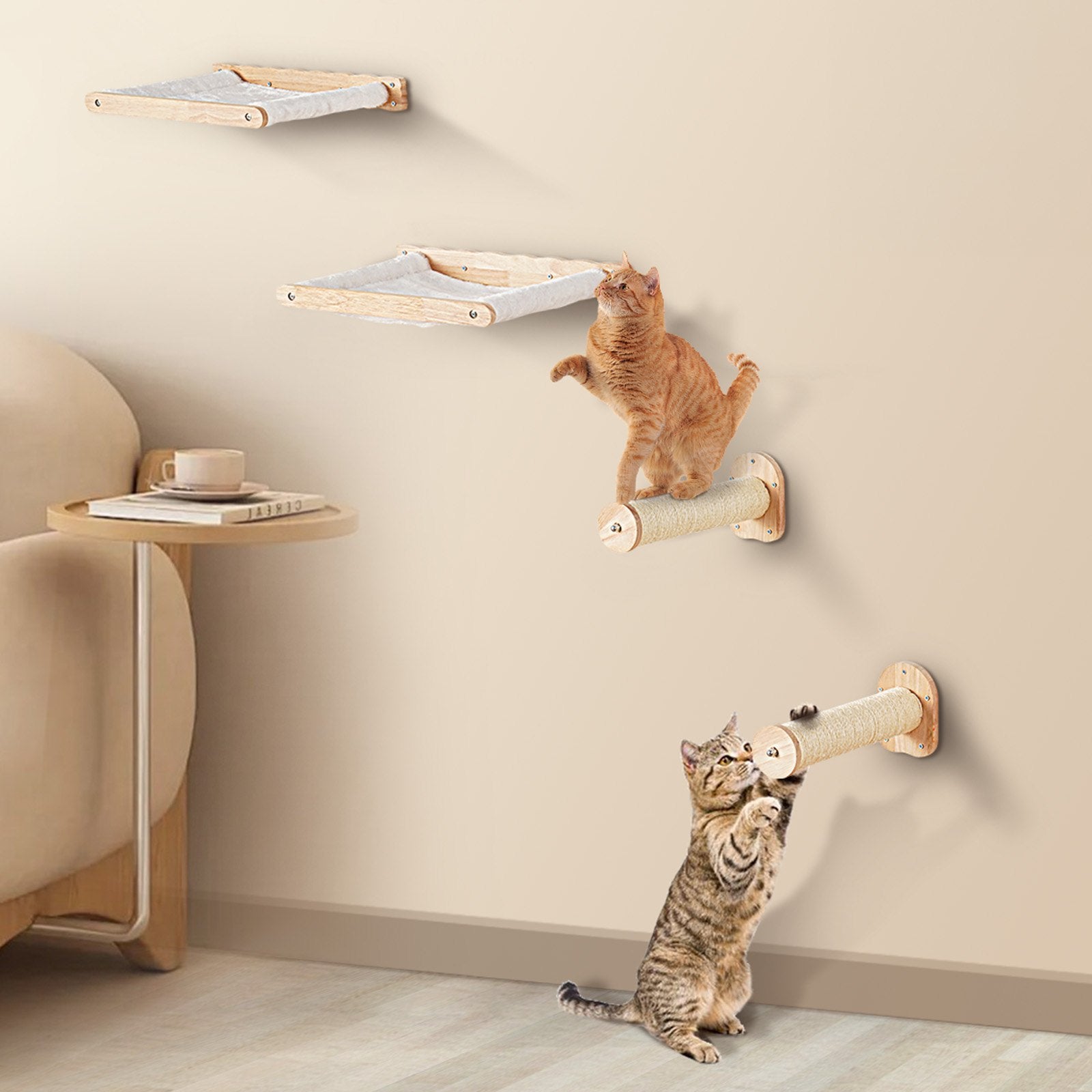 Wall Mounted Cat Shelves, Cat Wall Shelves And Perches With Jumping Posts & Hammocks, Cat Furniture Set Up To 40 Lbs, Removable & Washable Coral Fleece For Sleeping, Playing, Climbing, Set Of 4 - 5 - CJ