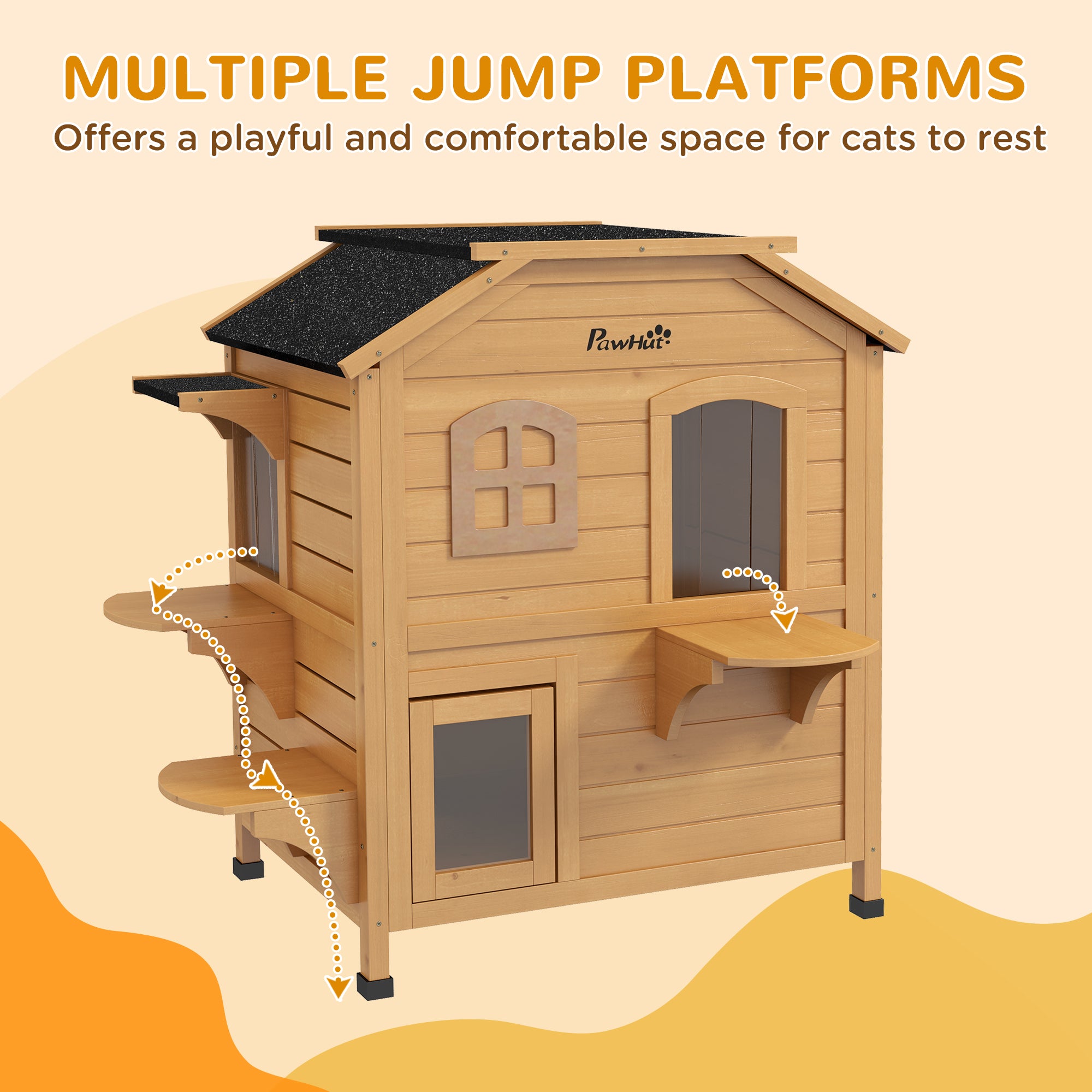 2 - Story Wooden Outdoor Cat House Feral Shelter With Escape Door Asphalt Roof 4 Platforms Natural - 5 - CJ