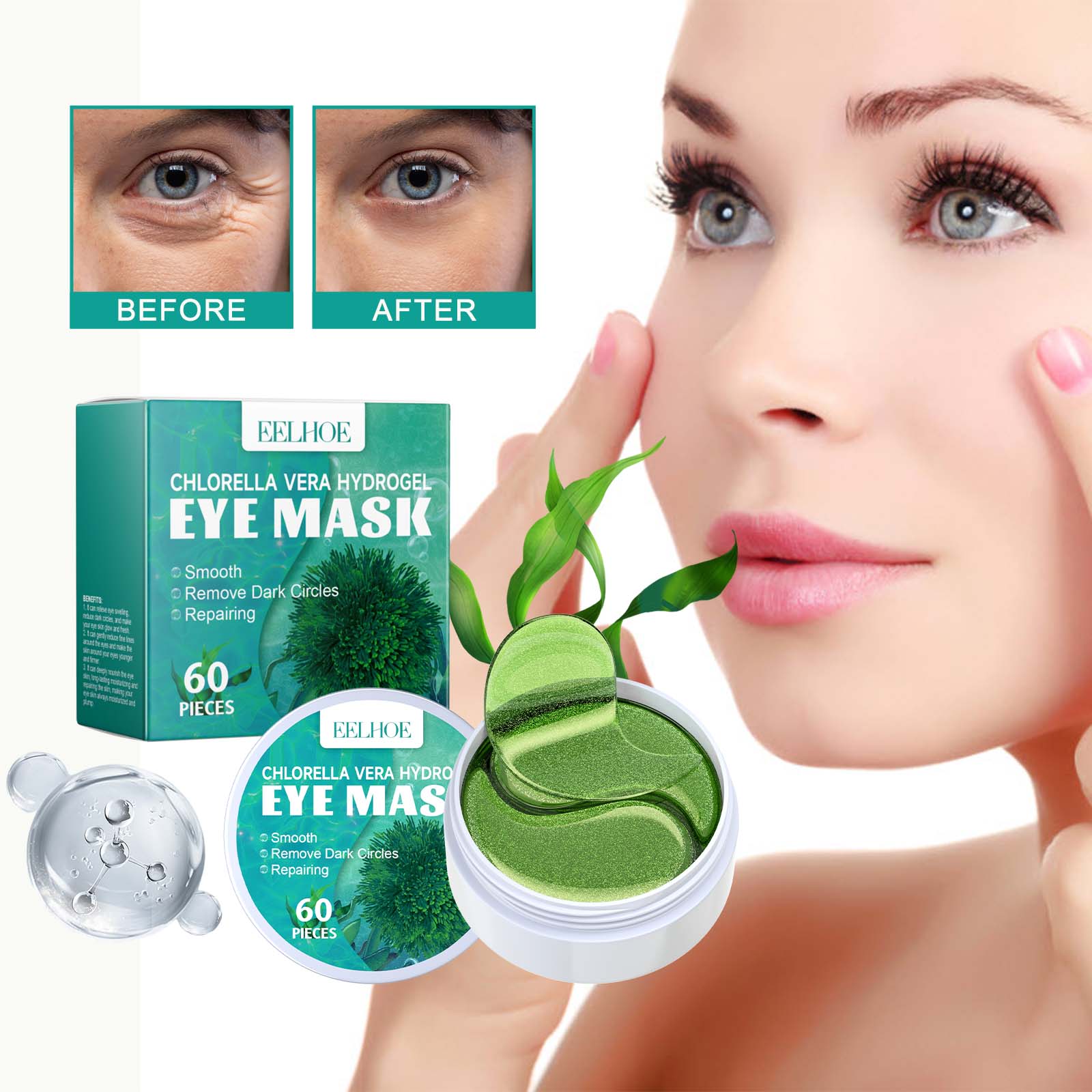 EELHOE Chlorella Vera Hydrogel Eye Mask, Moisturizing Desalination Eye Grain Compact Fine Grain Soft Skin Hydrating Eye Mask - 5 - CJ