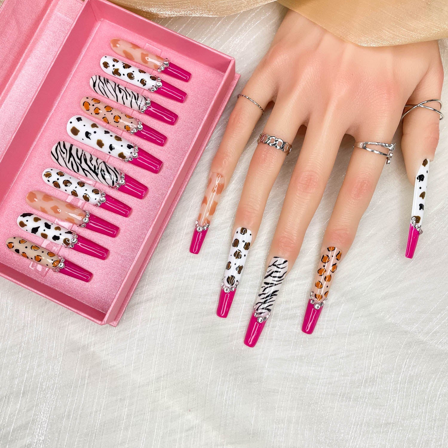 GGDDSHA Nails 10pcs Handmade Press On Nails - GlitterGold Diamond Extra Long Stiletto Reusable Gel UV FinishedFalse Nails, Designer Fashion 3D Hand - painted Nails ,Diamond Zebra - 5 - cjdropshipping
