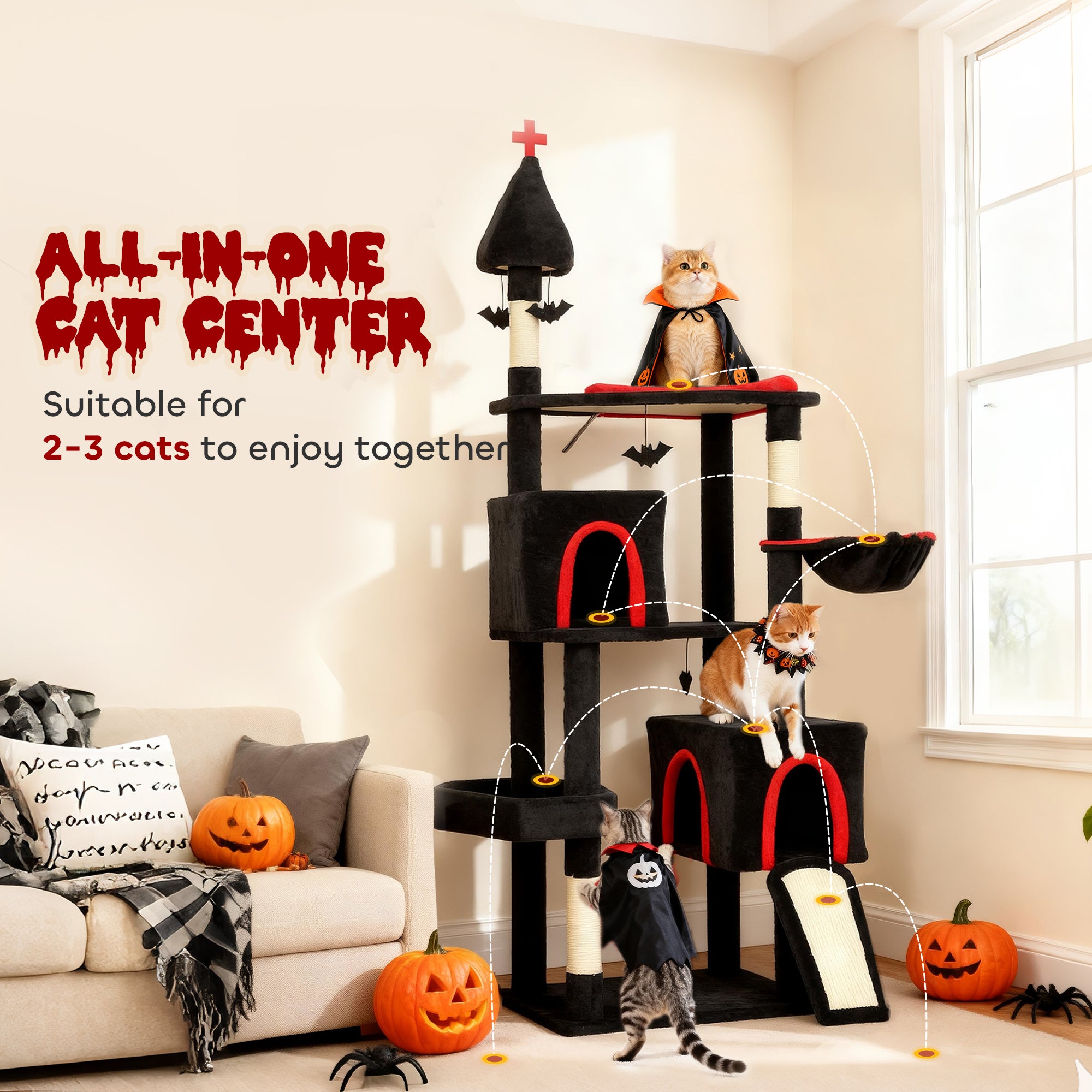 78" Gothic Cat Tree, Cat Tower with Coffin Bed, 2 Spacious Condos, Sisal Scratching Posts, Bat Hanging Balls, Halloween - 5 - CJ