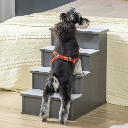 PawHut 4 Step Wooden Dog Steps Pet Stairs For Dogs, Cat Ladder For Bed Couch With Non - Slip Carpet 40 X 59 X 54.2 Cm, Grey - 5 - CJ