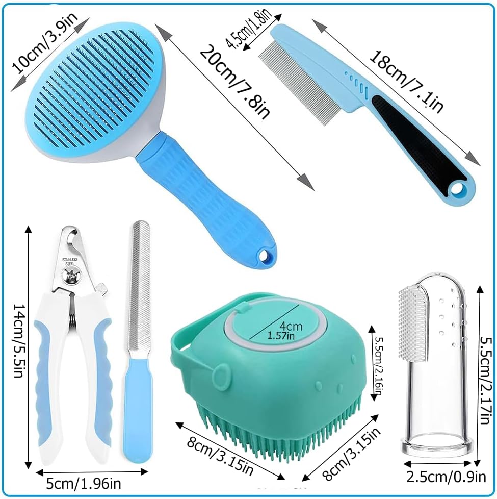 7pcs Pet Grooming Kit, Self - Cleaning Brush Shedding Kit With Nail Clipper, Flea Comb, Shampoo Bath Brush, Finger Toothbrush - 5 - CJ