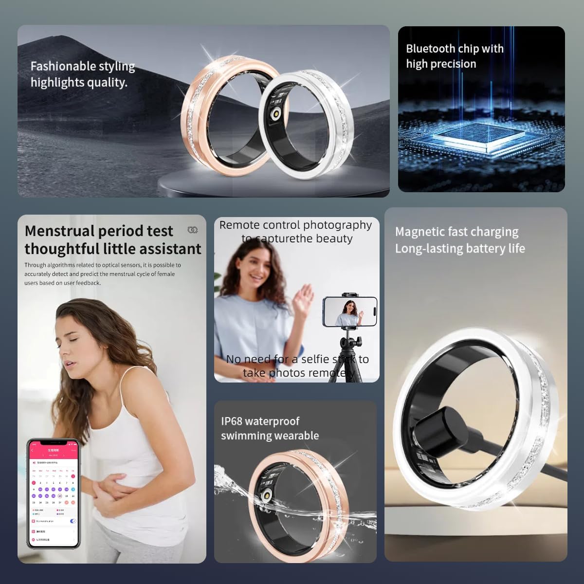 Smart Ring For Women, Health & Fitness Tracker With Heart Rate, Blood Oxygen, Sleep Monitoring, Elegant Rose Gold Design With Crystal Accents, IP68 Waterproof, Gesture Control - 5 - CJ