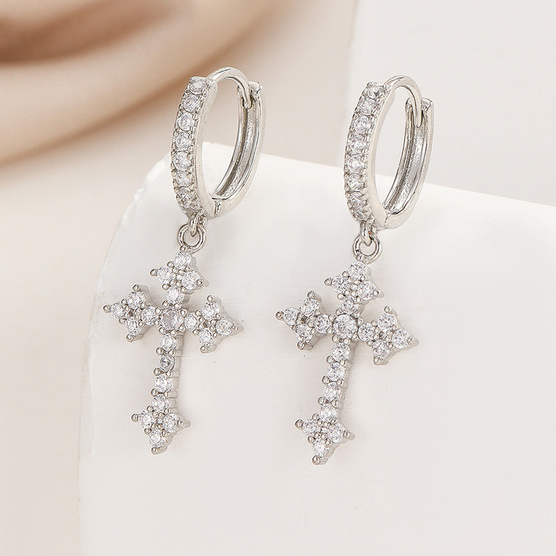 1 Pair Men's Sparkling Zircon Cross Dangle Huggie Hoops,Everyday Versatile Earrings - 5 - CJ