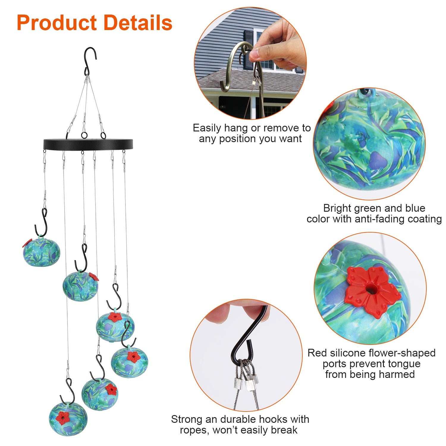 1Pc Wind Chimes Humming Bird Feeder Ant And Bee Proof Outdoor Hanging Hummingbird Feeder For Viewing Decoration For Garden Patio Yard Balcony - 5 - CJ