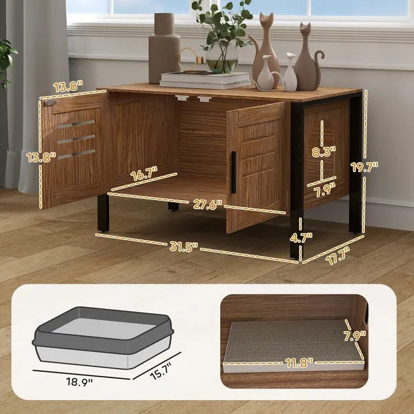Cat Litter Box Enclosure With Tall Legs, Scratching Board, Dark Brown - 5 - CJ