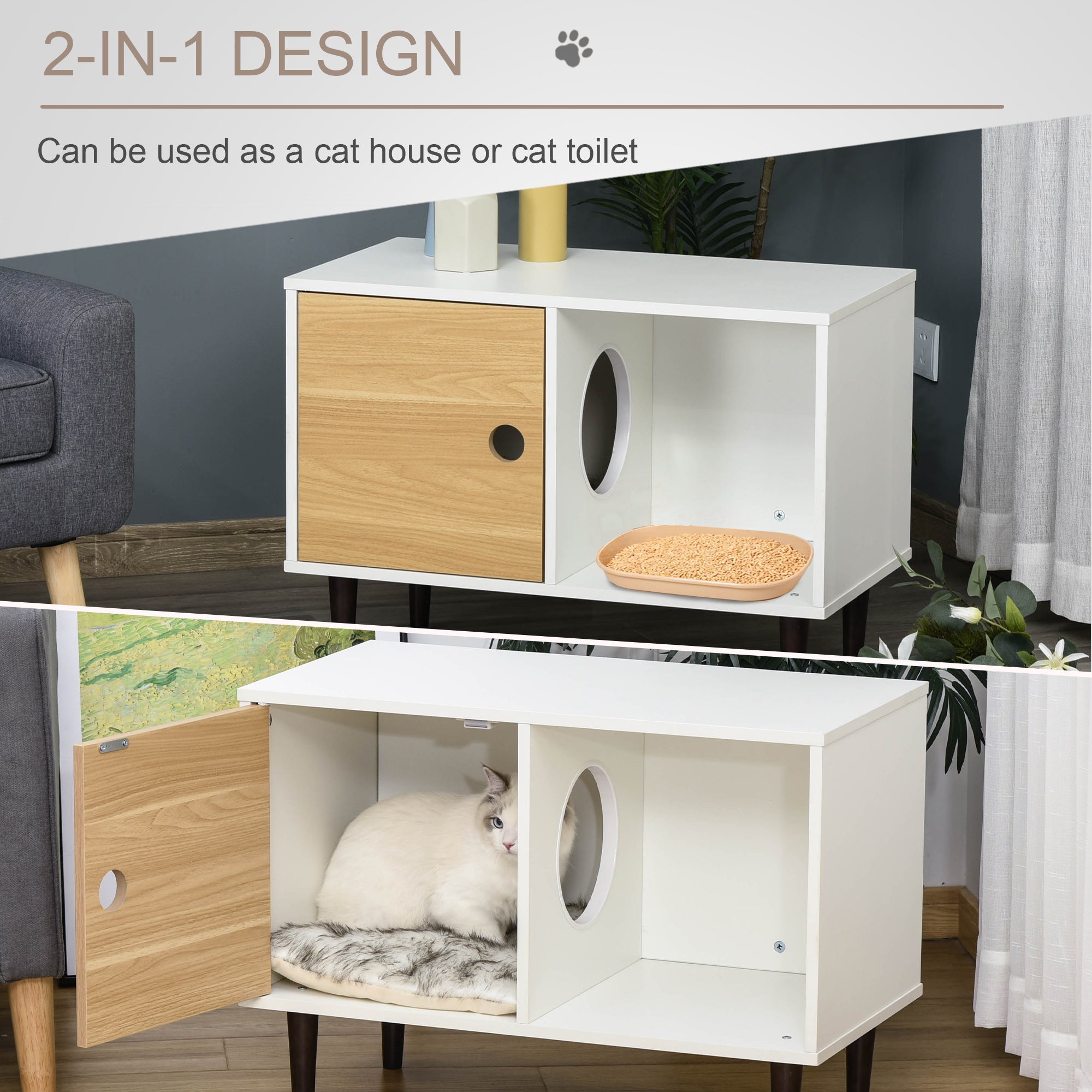 Wooden Cat House with Soft Cushion, Decorative Kitten Condo Side Table, Elevated Pet House with Storage Space - 5 - CJ