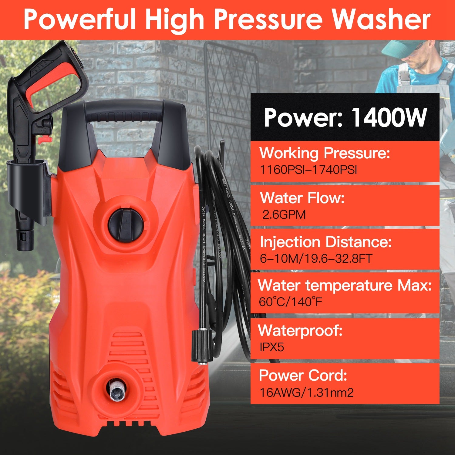 1Pc Electric High Pressure Washer 1740PSI Powerful Car Washer Pressure Cleaner With Adjustable Spray Nozzle Soap Dispenser IPX5 Waterproof For Patio Garden Driveway - 5 - cjdropshipping