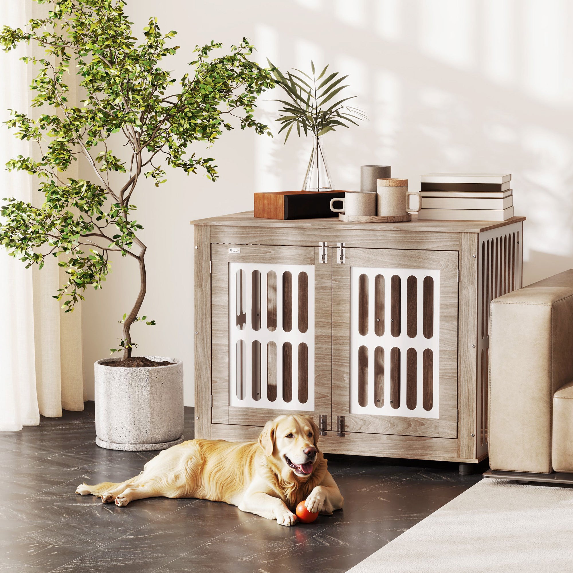 39 Dog Crate Furniture With 2 Doors, Adjustable Non - slip Foot Mats, For Large Dogs, Walnut Brown - 5 - CJ