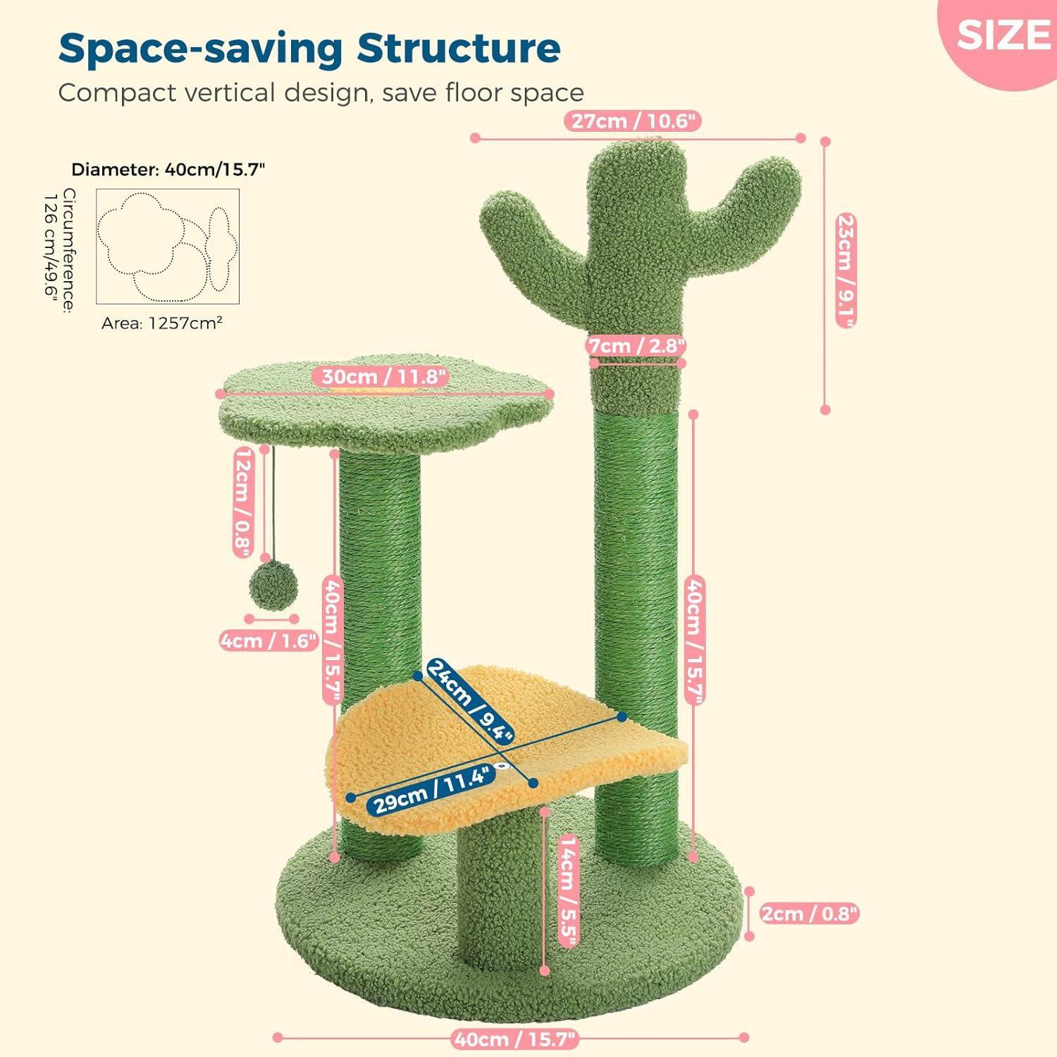 26 Inch Cactus Cat Tree With Bird's Eye View Flower Perch, Soft Cactus Top And Hanging Ball, Compact Vertical Structure For Indoor Cats - 5 - cjdroshippping