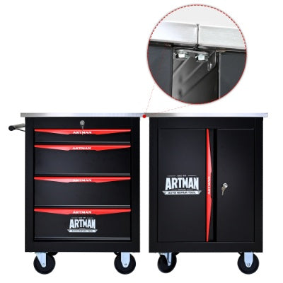 4 Drawers Multifunctional Tool Cart With Wheels,Metal Rolling Tool Cart Storage For Garage Workshop Warehouse Repair Shop - With Stainless Steel Roof - BLACK RED - 5 - CJ
