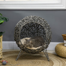 PawHut Rattan Elevated Cat Bed House Kitten Basket Ball Shaped Pet Furniture W Removable Cushion - Silver - Tone And Grey - 5 - cjdroshippping