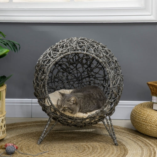 PawHut Rattan Elevated Cat Bed House Kitten Basket Ball Shaped Pet Furniture W Removable Cushion - Silver - Tone And Grey - 5 - cjdroshippping
