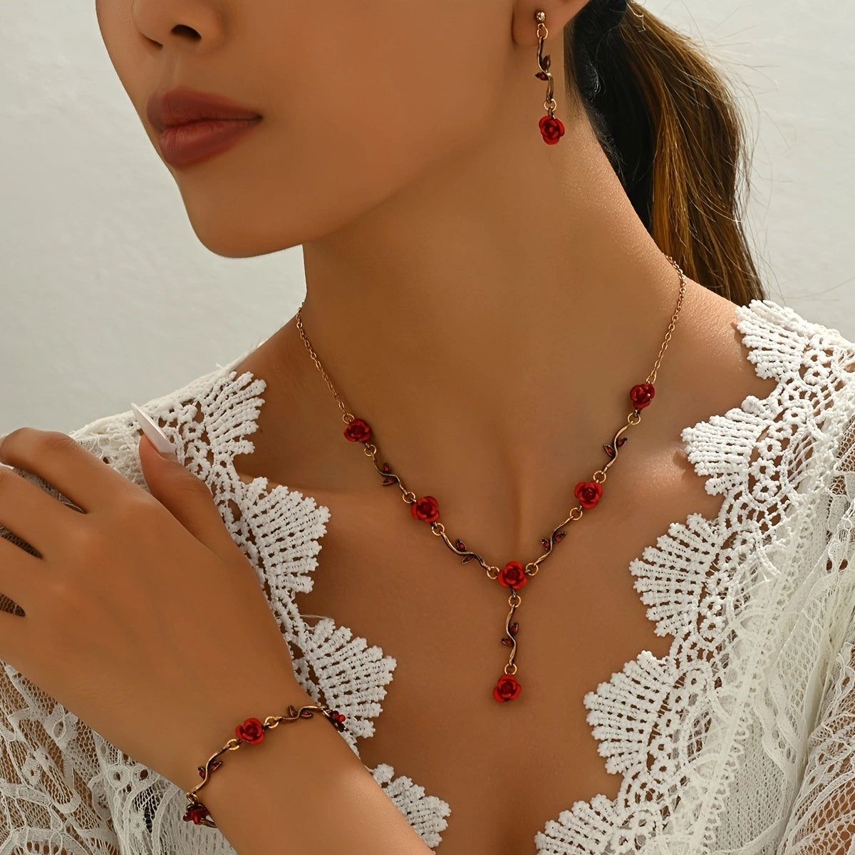 Lxalry Romantic Red Rose Jewelry Set, Handmade Electroplated Necklace Bracelet & Earrings Trio, Bridal Gift For Wedding Elegance & Everyday Romance - 5 - CJ