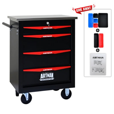 4 Drawers Multifunctional Tool Cart With Wheels,Metal Rolling Tool Cart Storage For Garage Workshop Warehouse Repair Shop - With Stainless Steel Roof - BLACK RED - 5 - CJ