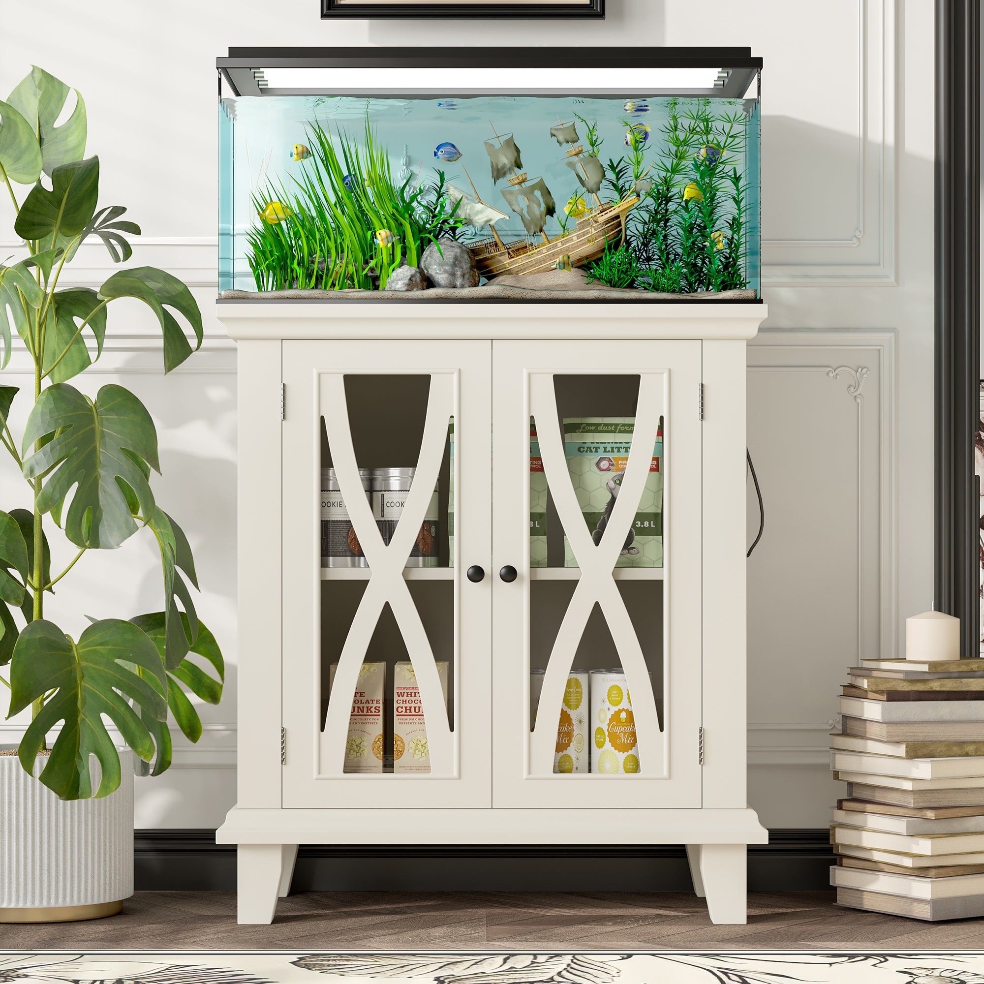 20 - gallon Aquarium Rack With 4 AC Outlets And 2 USB Ports, Farmhouse - style Decorative Aquarium Rack Furniture With Adjustable Shelves 10 - 20 Gallon Reptile And Turtle Rack With Storage Cabinet, Beige. - 5 - CJ