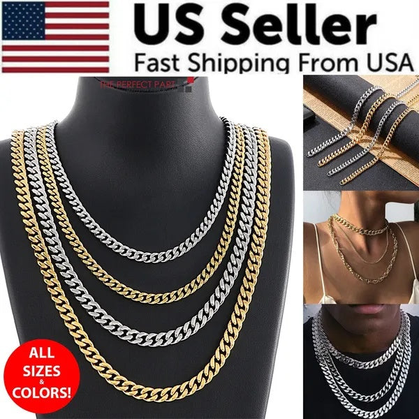Stainless Steel Gold Silver Chain Cuban Curb Womens Mens Necklace - 5 - CJ