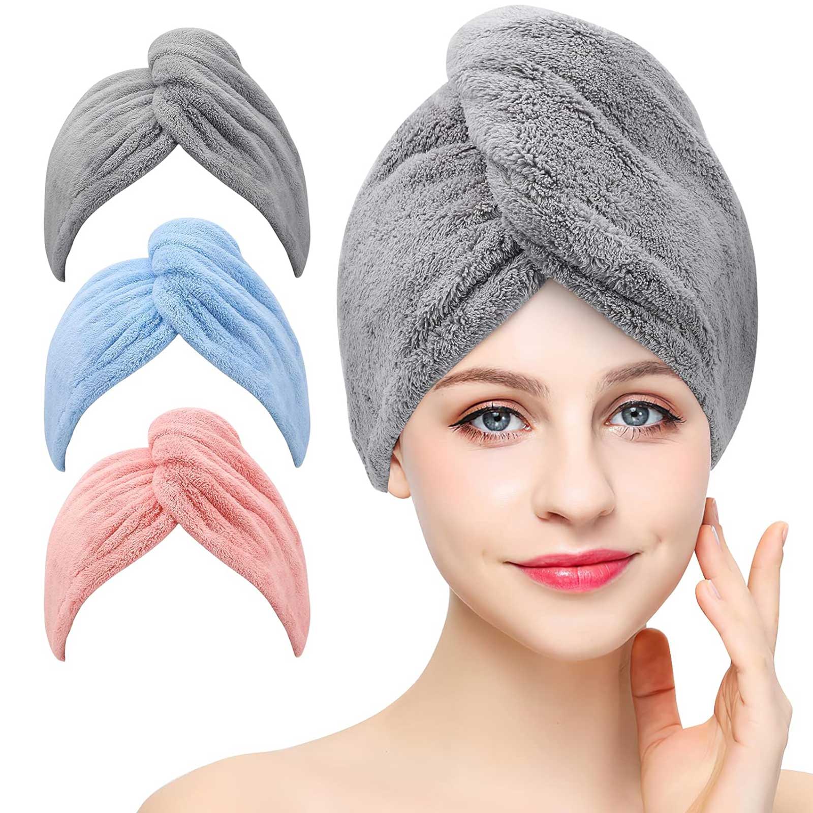 Women 3 PC Microfiber Hair Towel Wrap Ultra Absorbent Hair Turbans For Curly, Long & Thick Hair Blue,Grey,Pink - 5 - CJ