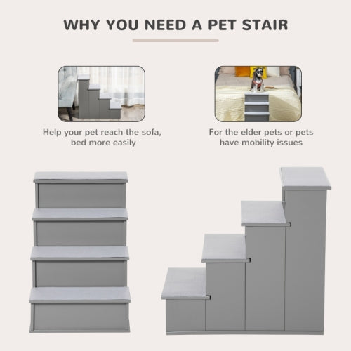 PawHut 4 Step Wooden Dog Steps Pet Stairs For Dogs, Cat Ladder For Bed Couch With Non - Slip Carpet 40 X 59 X 54.2 Cm, Grey - 5 - CJ