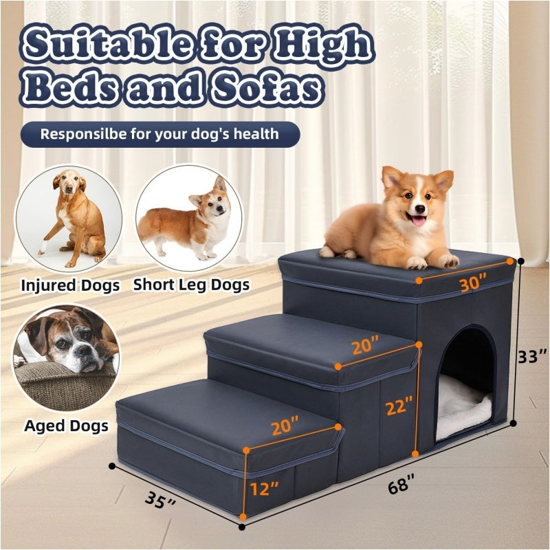Foldable Dog Stairs With Storage - 3-Level Small To Medium Dog Breed Ramp, Oxford Fabric, Suitable For High Beds And Sofas, Pet Ladder, Dog Stairs